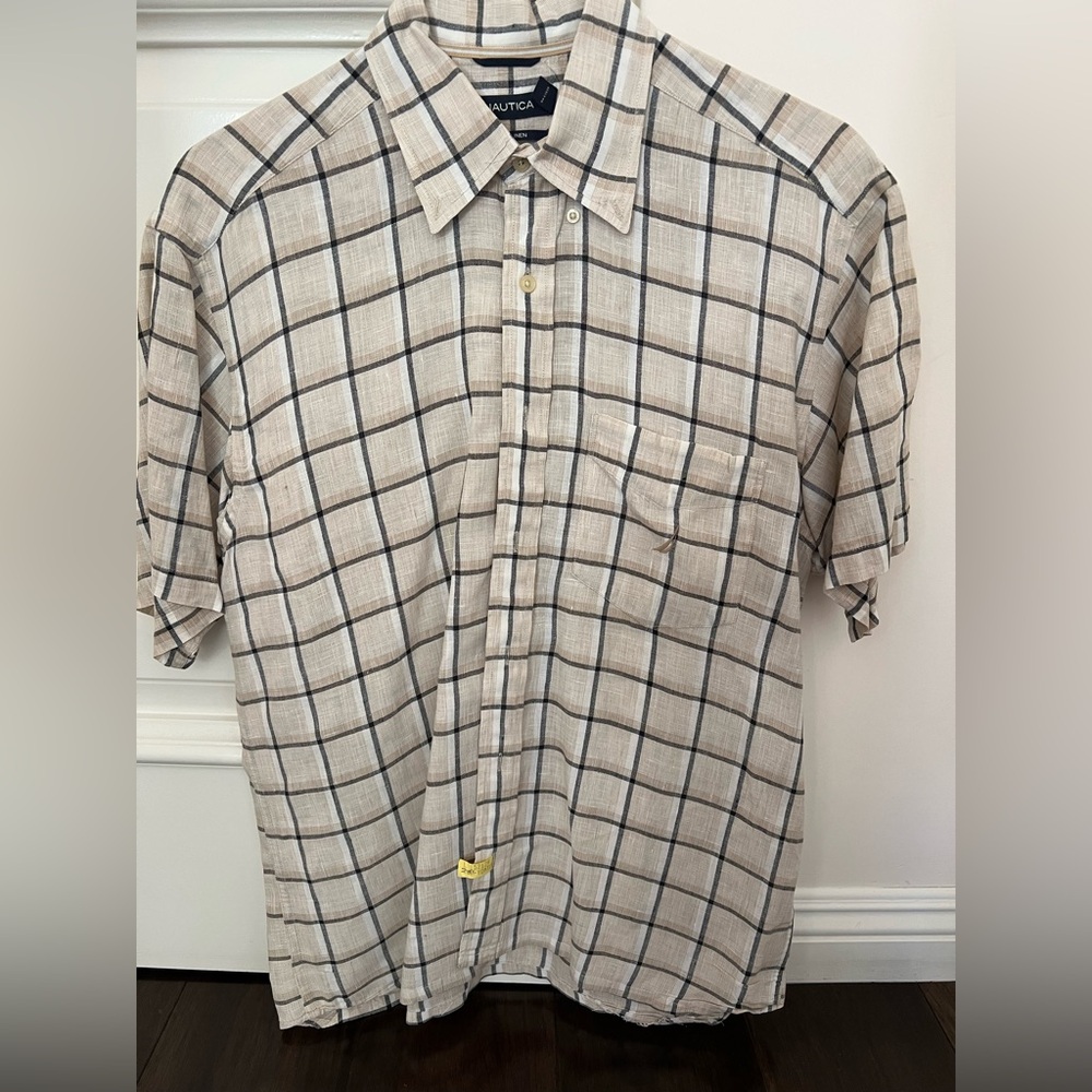 Nautica Men's Beige and Black Plaid Shirt